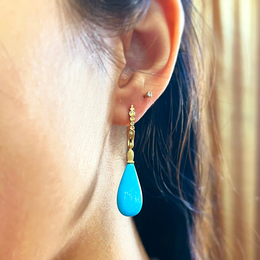 Yellow Gold & Turquoise Drop Earrings - "Sticks & Stones" - Image 3