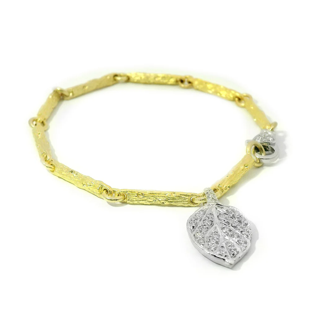 Yellow & White Gold Branch Link Bracelet with Diamond Leaf - "Aspen Pavé" - Image 2