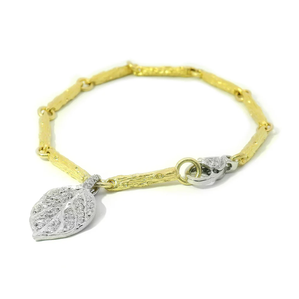Yellow & White Gold Branch Link Bracelet with Diamond Leaf - "Aspen Pavé" - Image 3