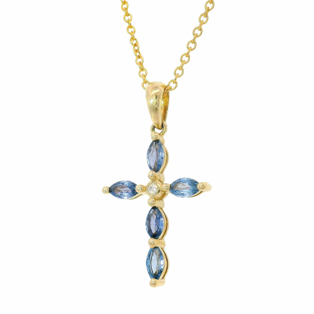 Yogo Sapphire, Diamond & Gold Pendant - "Cross" - Image 2
