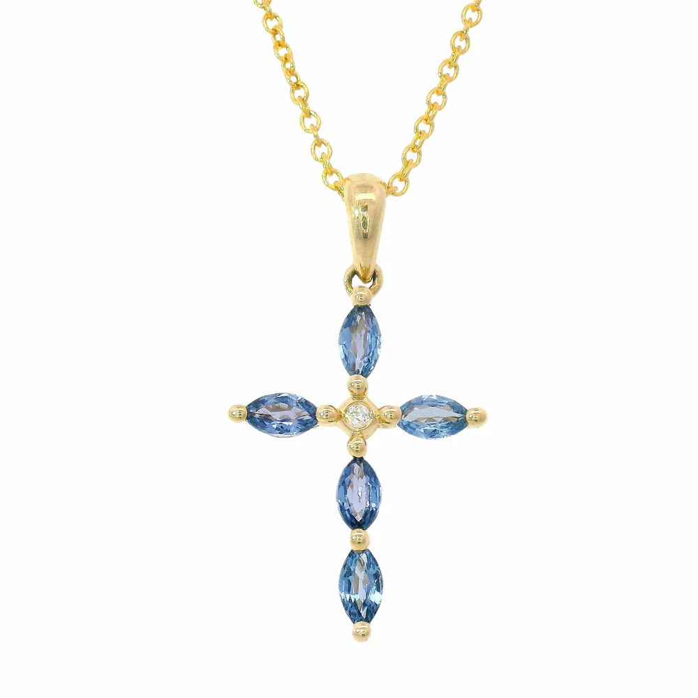 Yogo Sapphire, Diamond & Gold Pendant - "Cross" - Image 3