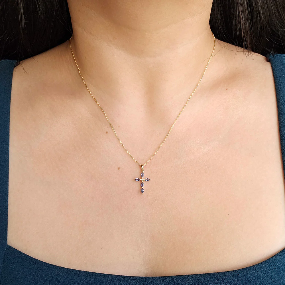 Yogo Sapphire, Diamond & Gold Pendant - "Cross" - Image 4