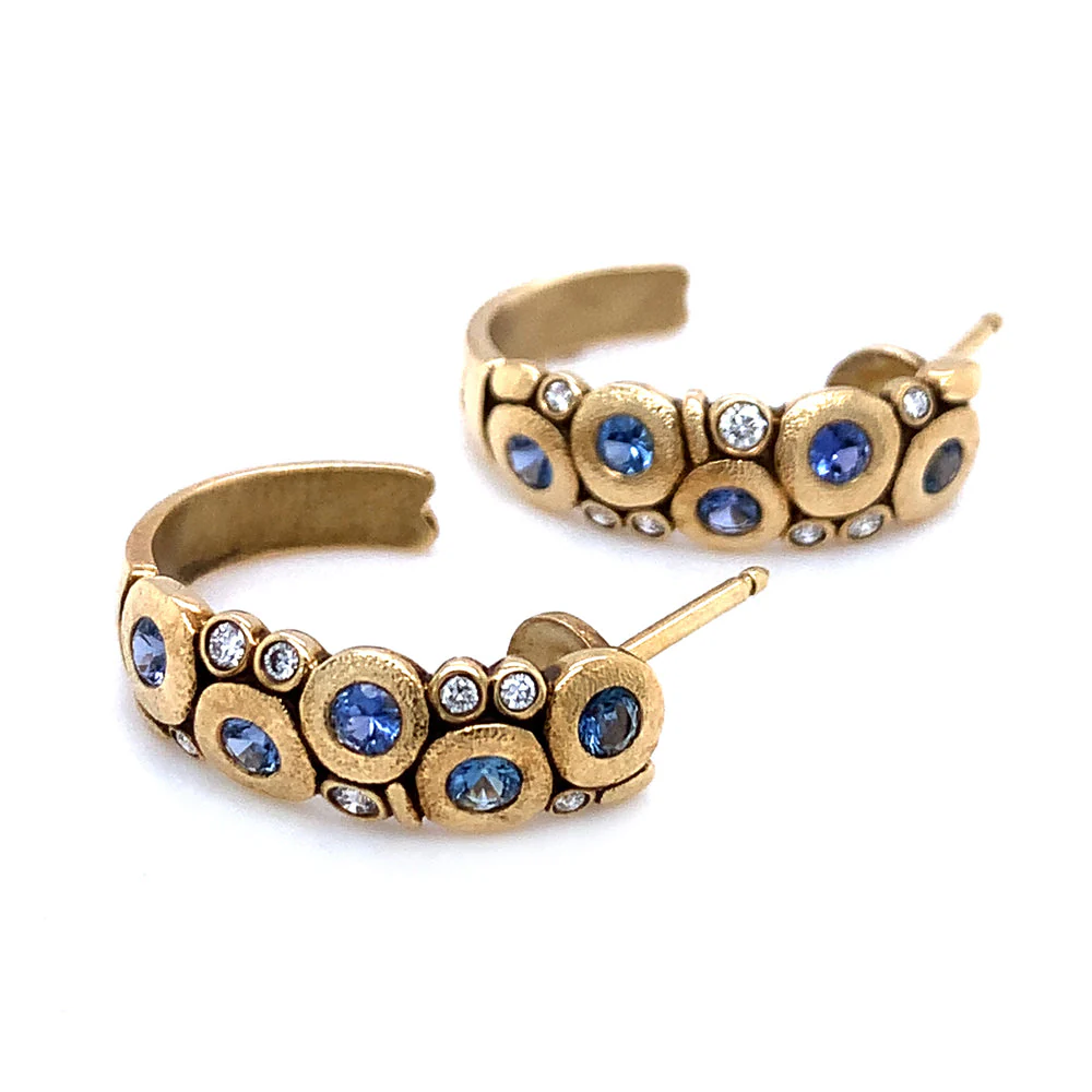 Yogo Sapphire & Diamond Semi Hoop Earrings - "Large Candy" - Image 3