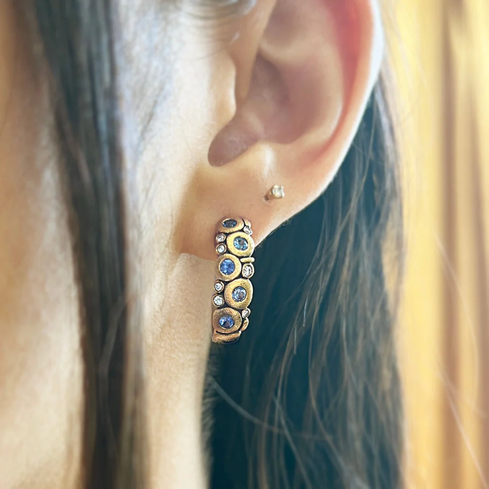 Yogo Sapphire & Diamond Semi Hoop Earrings - "Large Candy" - Image 4