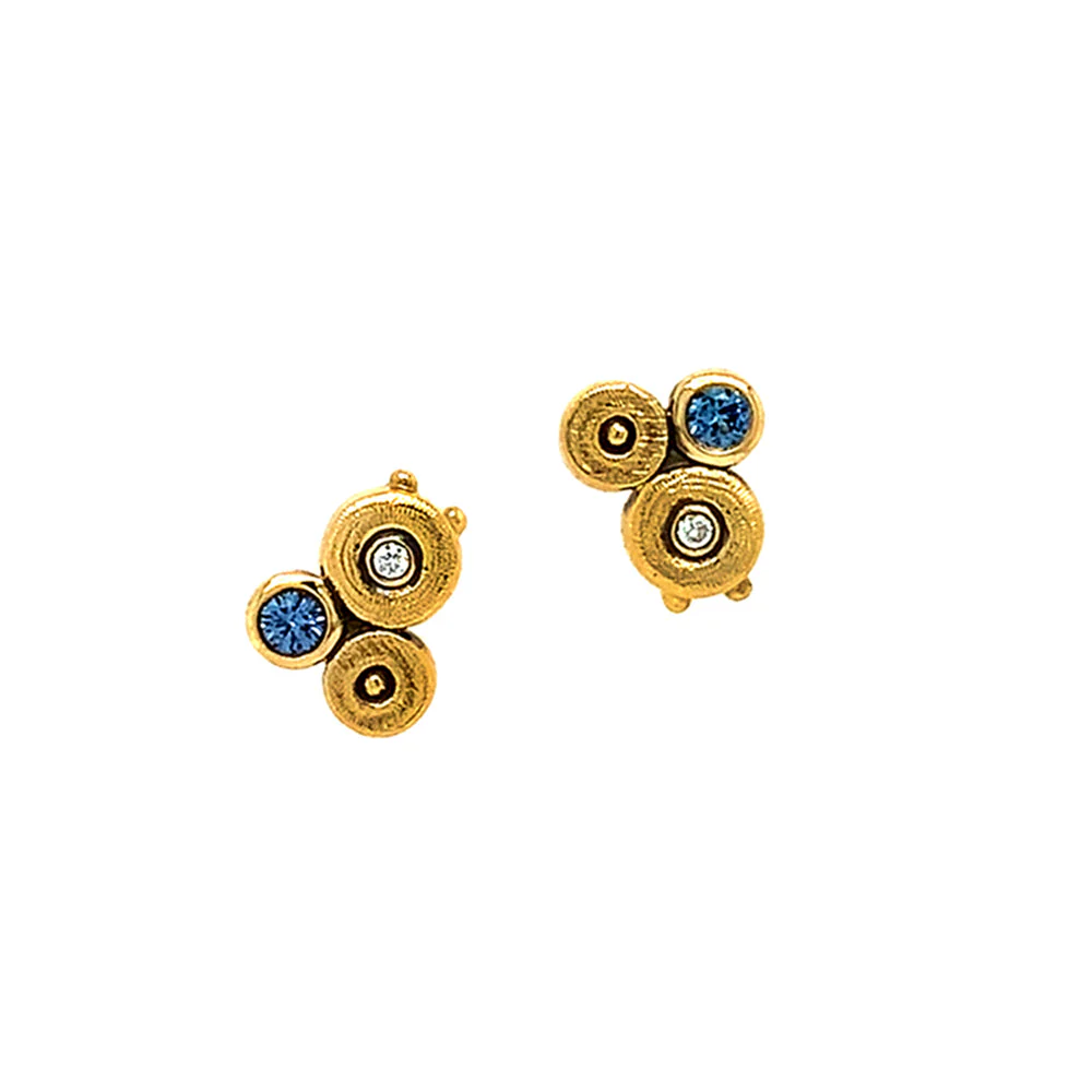 Yogo Sapphire & Diamond Yellow Gold Stud Earrings - "Ocean" - Image 2
