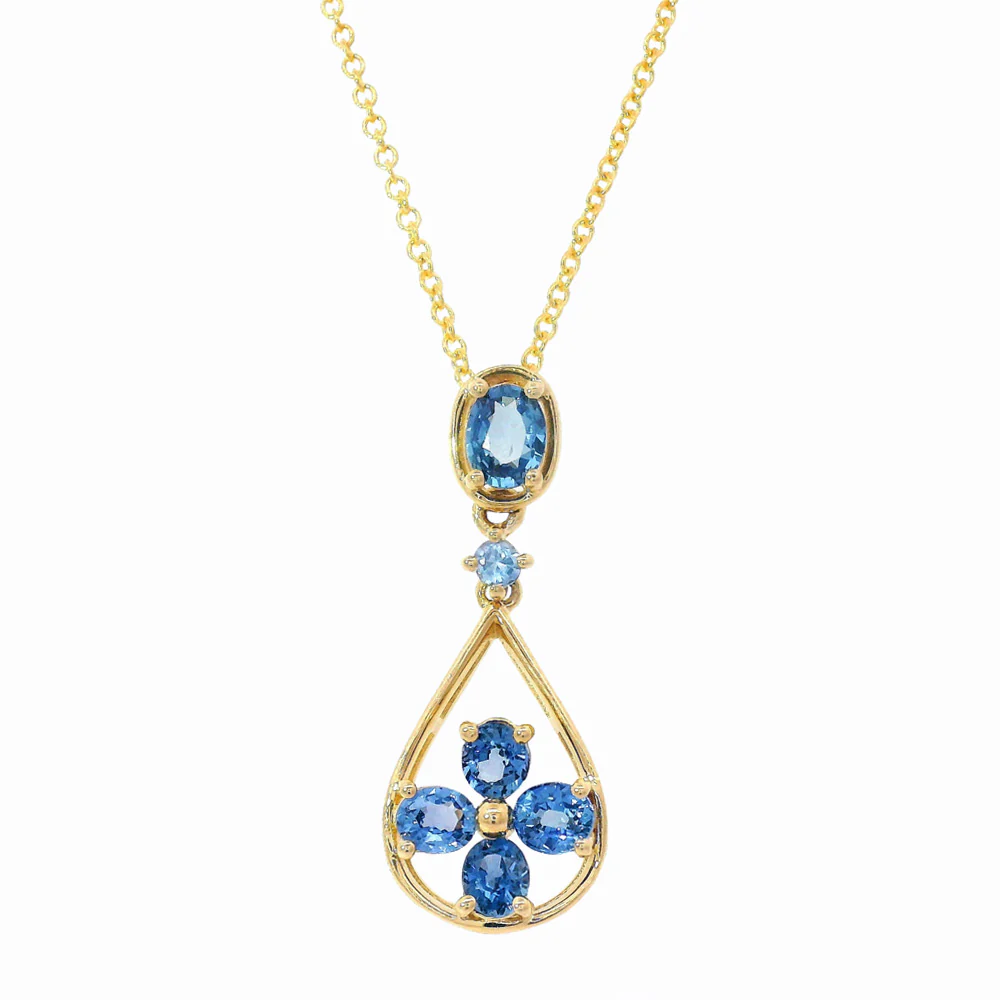 Yogo Sapphire & Gold Pendant - "Teardrop & Clover" - Image 2