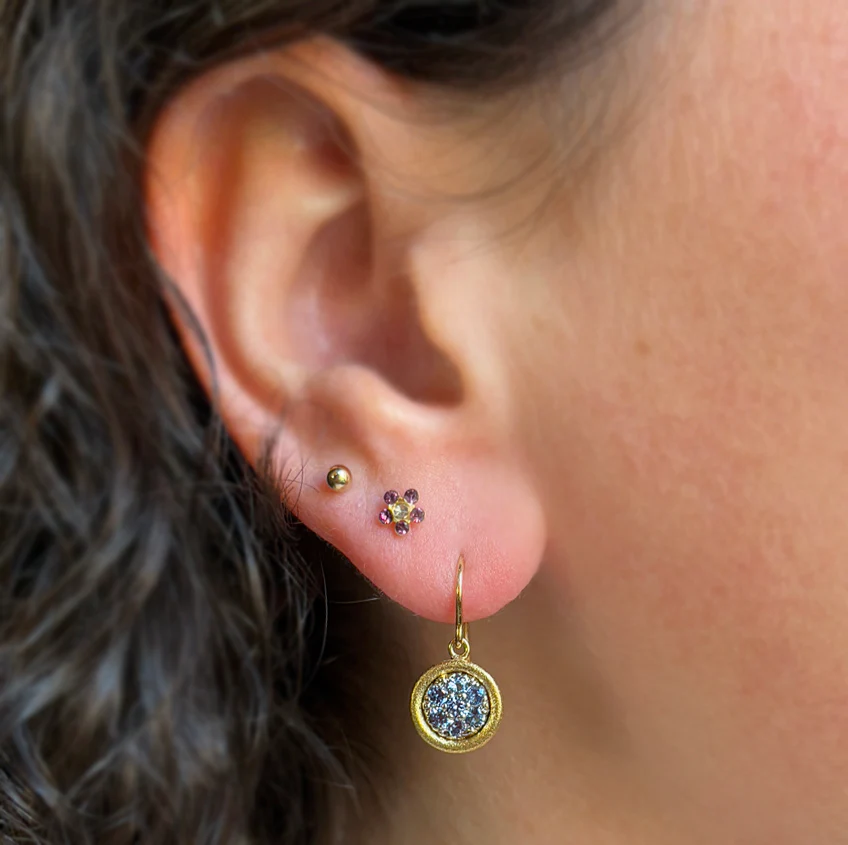 Yogo Sapphire & Two-Tone Gold Drop Earrings - "Mosaic" - Image 2
