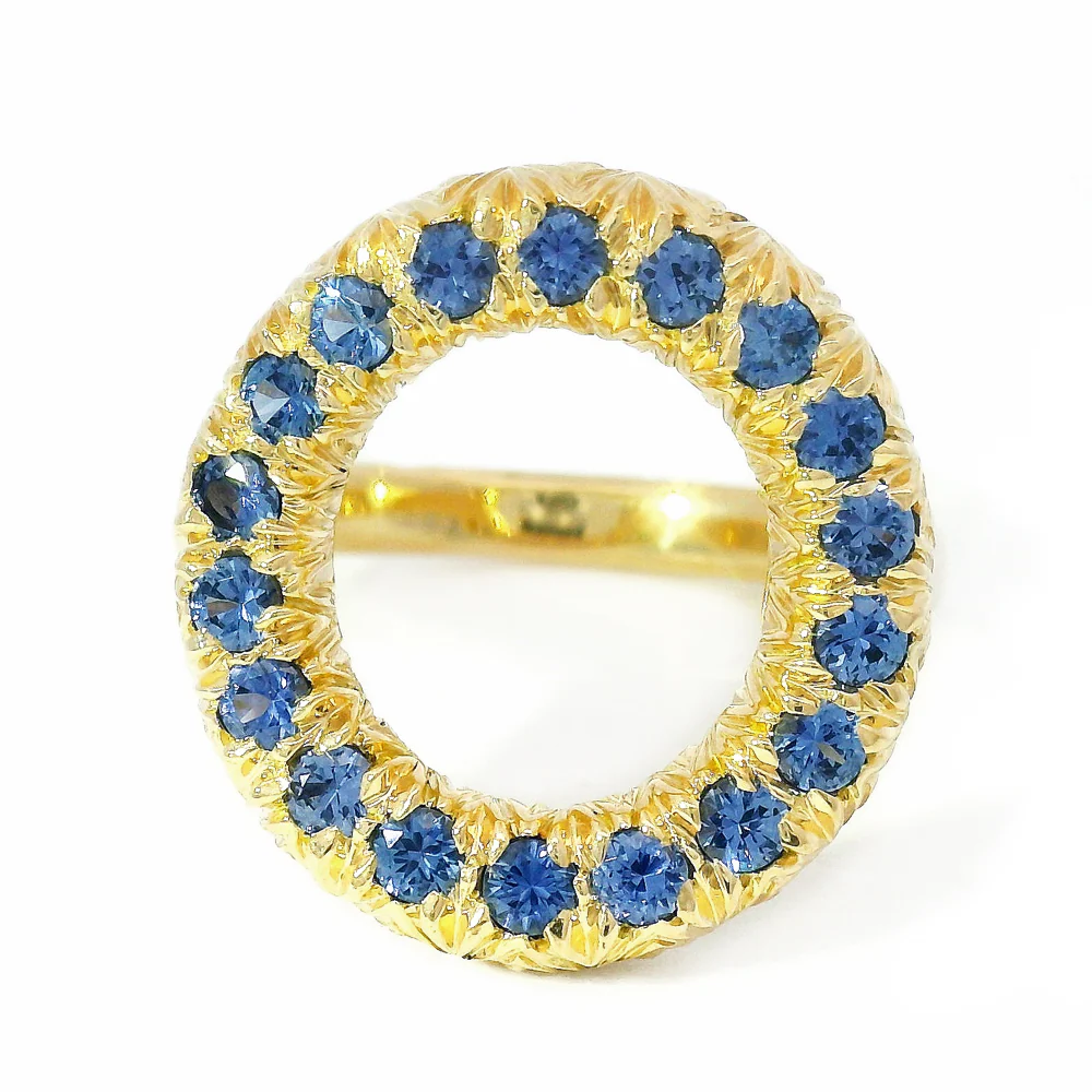Yogo Sapphire & Yellow Gold Circle Ring - "Wide Embrace"