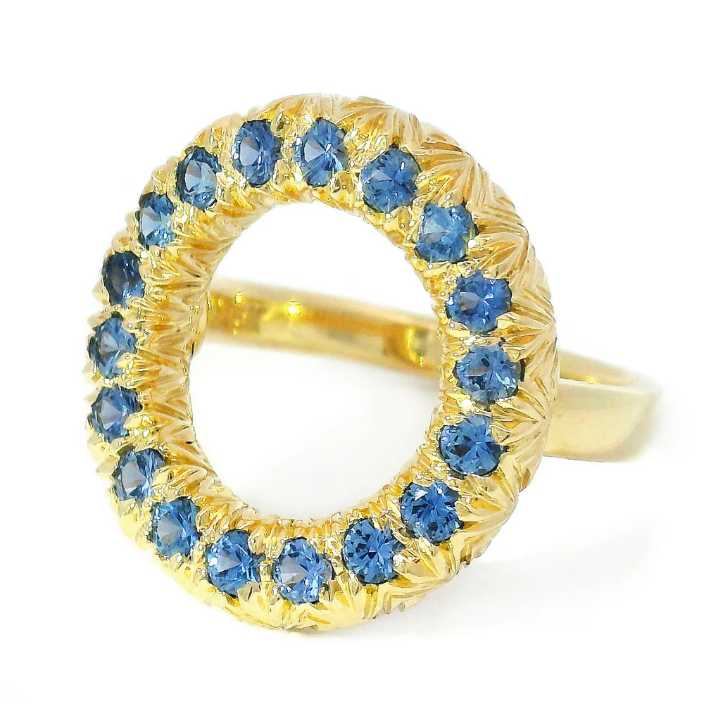 Yogo Sapphire & Yellow Gold Circle Ring - "Wide Embrace" - Image 2