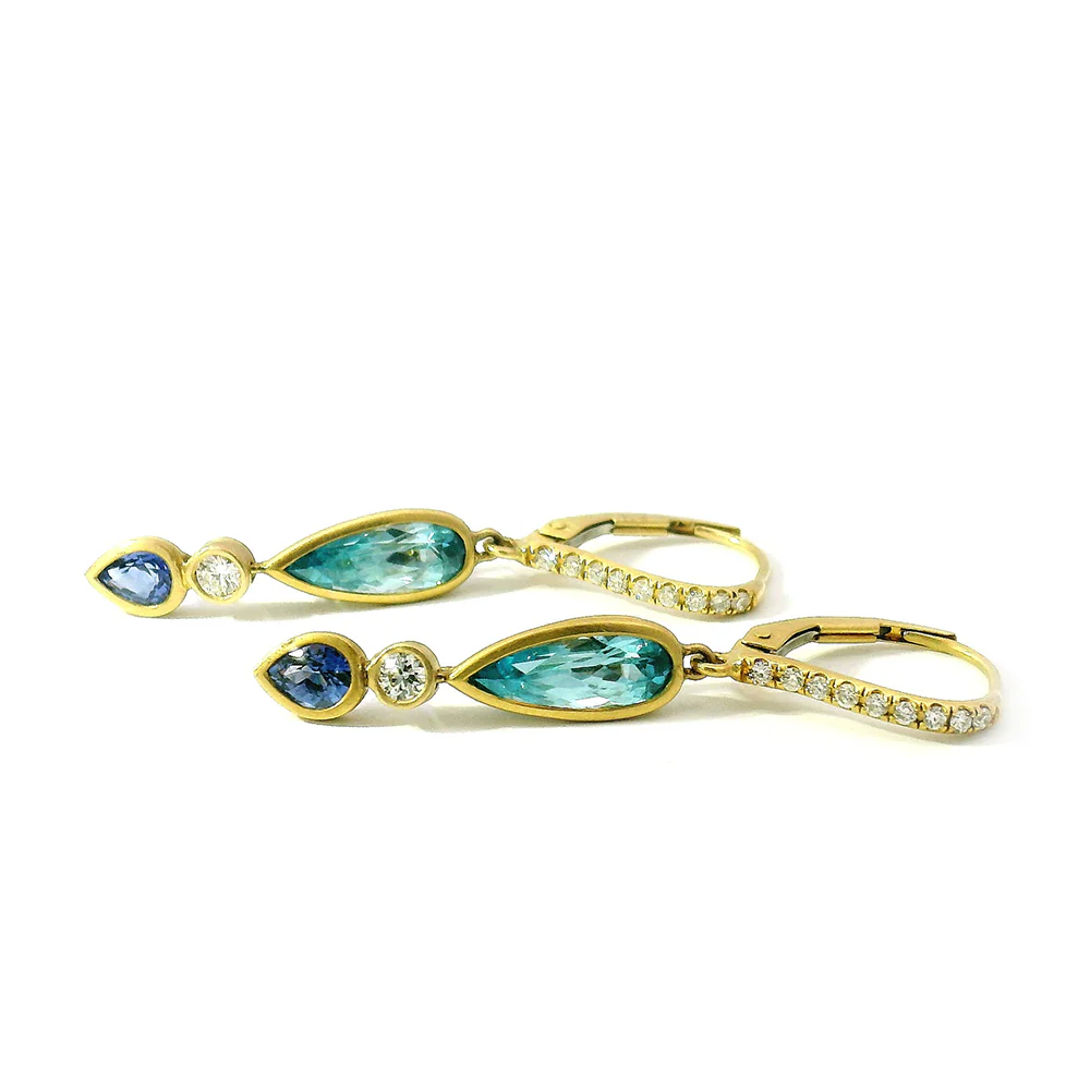 Zircon, Sapphire & Diamond Drop Earrings - "Bali Nights" - Image 2