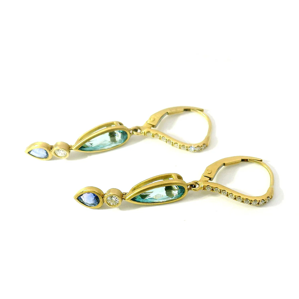 Zircon, Sapphire & Diamond Drop Earrings - "Bali Nights" - Image 3