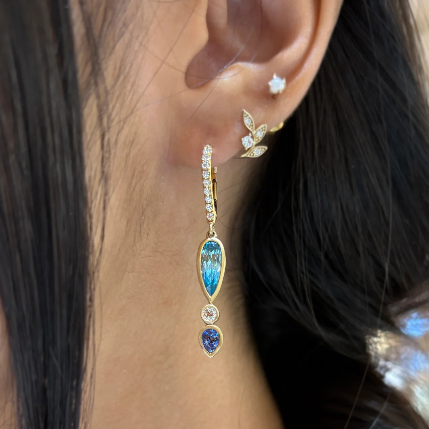 Zircon, Sapphire & Diamond Drop Earrings - "Bali Nights" - Image 4